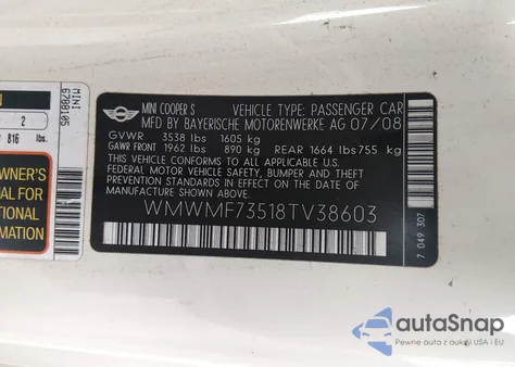 2008 Mini Cooper S from USA, damaged, VIN WMWMF73518TV38603